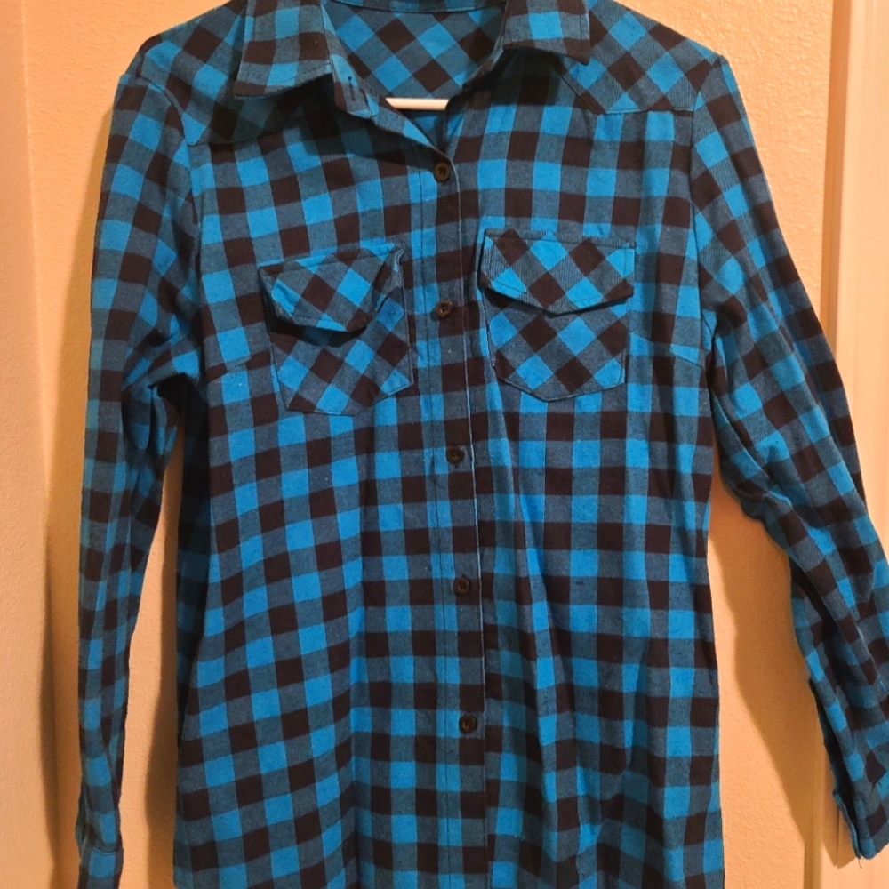 Genhoo Acid Blue Women's Flannel Shirt Long Sleeve Collared Plaid
